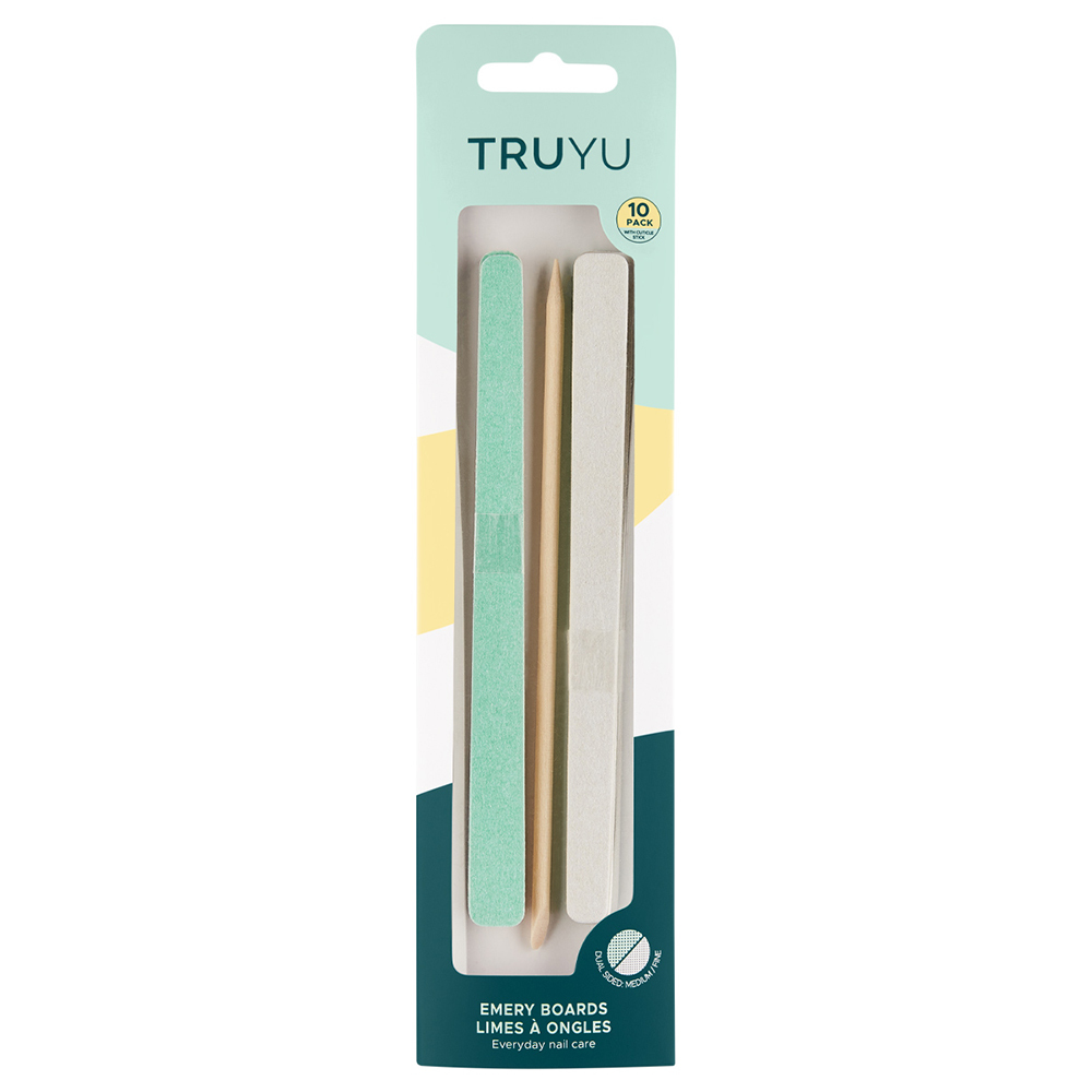트루유 TRUYU 에머리보드(10개입) 거친 광물로 제작된 에머리 파일로 원하는 길이와 모양으로 손톱을 정리하는데에 효과적입니다. 10개의 중간 그릿과 미세 그릿으로 구성되어있습니다. 홈케어용으로 적합합니다.